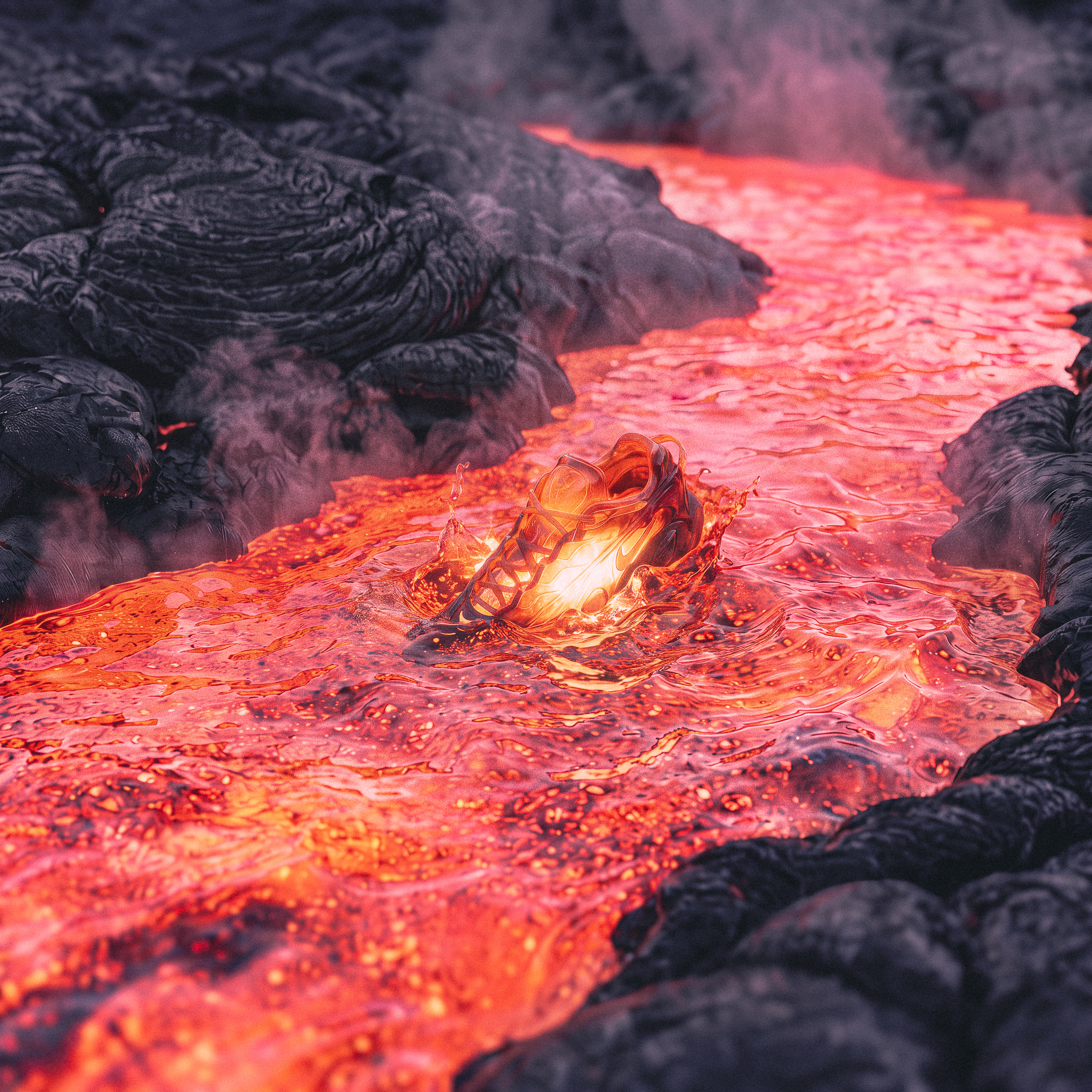 A glowing shoe within a volcanic lava environment.